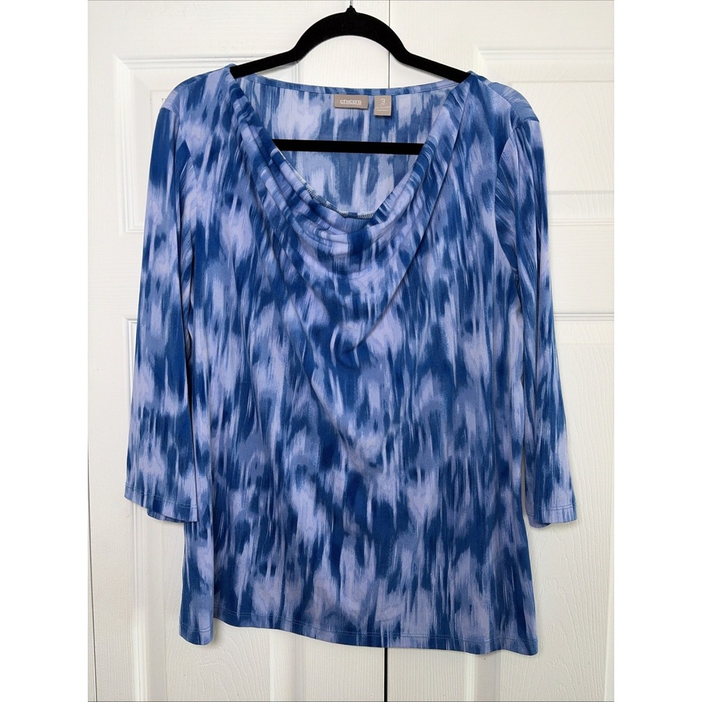 Chico's Cowl Neck Top Womens Size XL 3 Blue Abstract Ikat Stretch Jersey Tunic